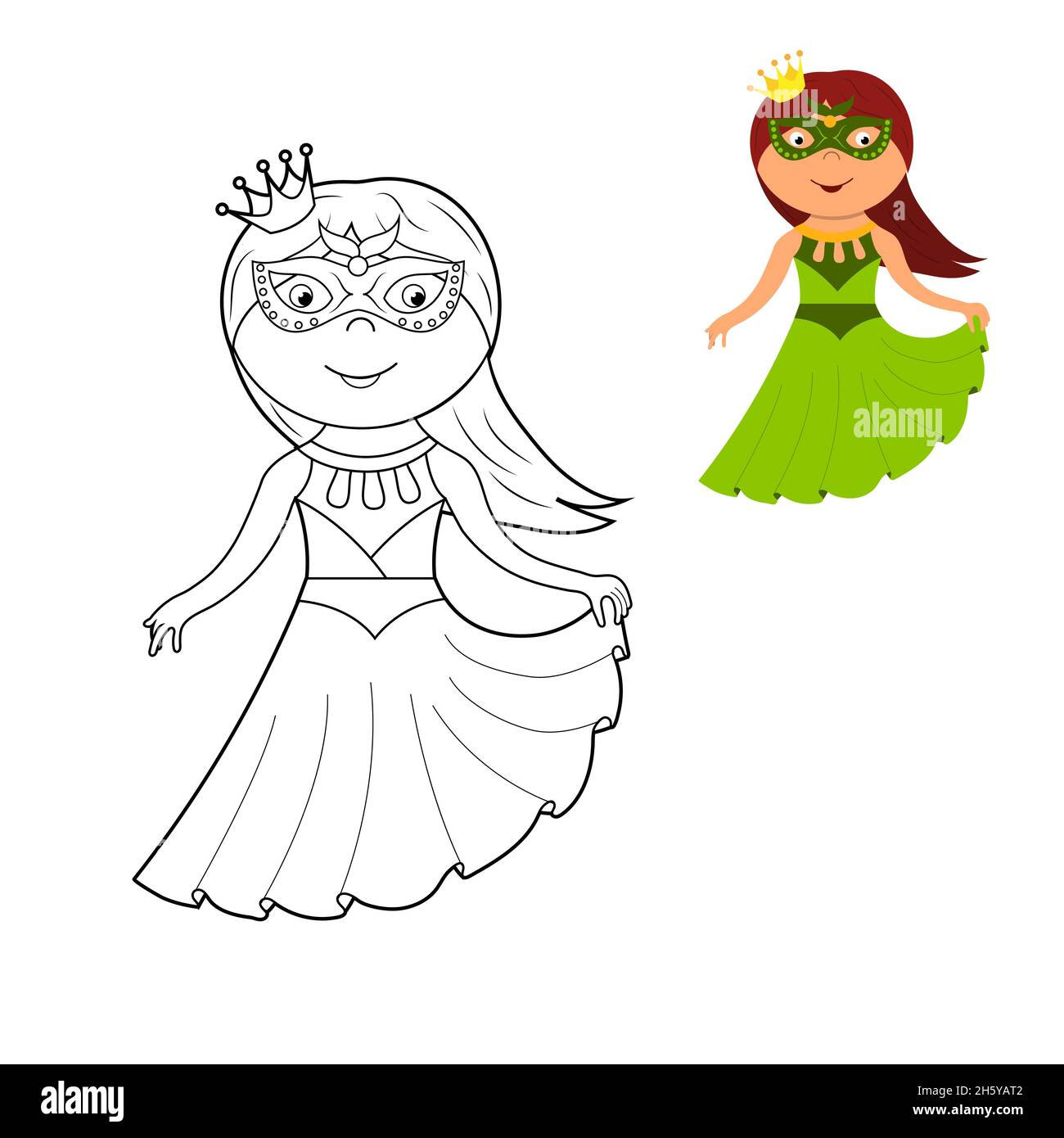 A coloring book a cute princess in a dress a mask and a crown vector cartoon illustration isolated on a white background stock vector image art