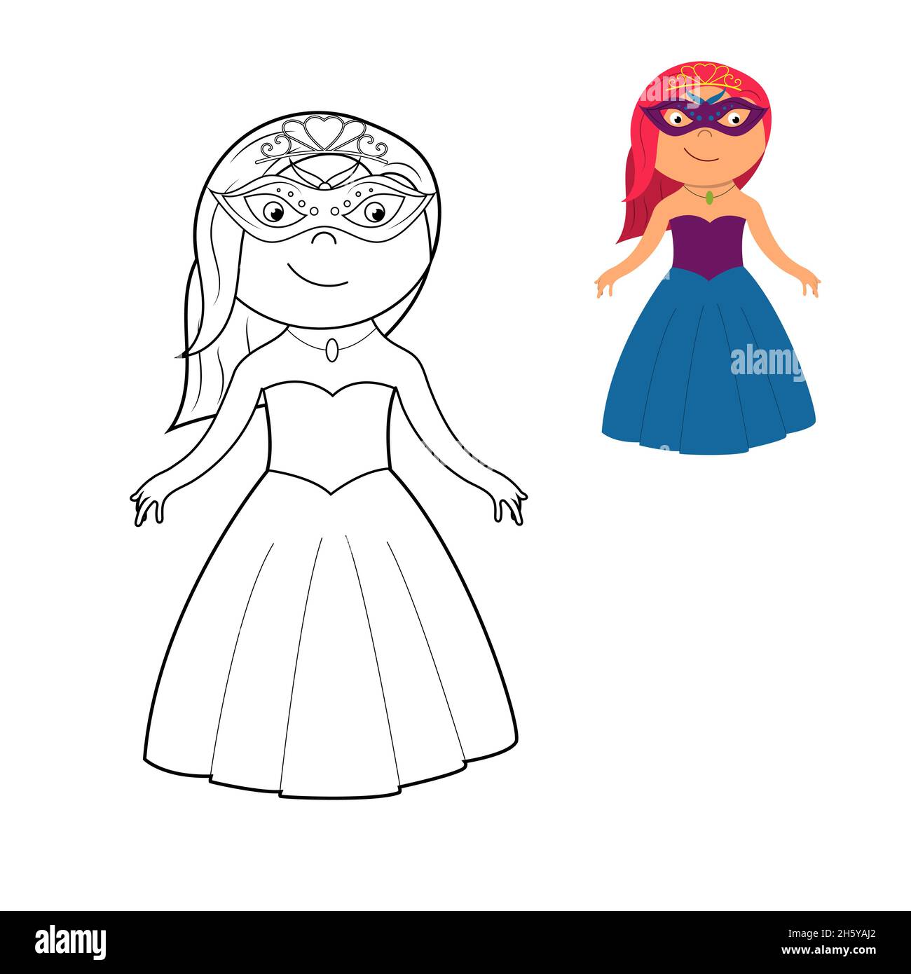 A coloring book a cute princess in a dress a mask and a crown vector cartoon illustration isolated on a white background stock vector image art