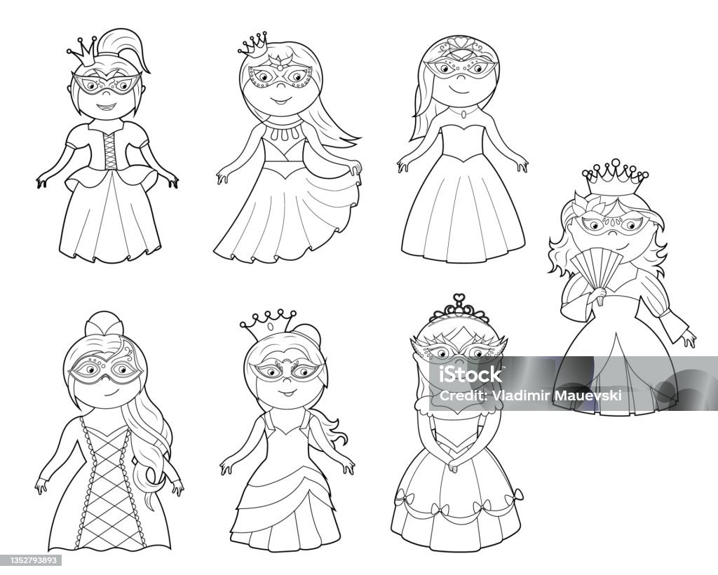 A coloring book a cute princess in a dress a mask and a crown vector cartoon illustration stock illustration