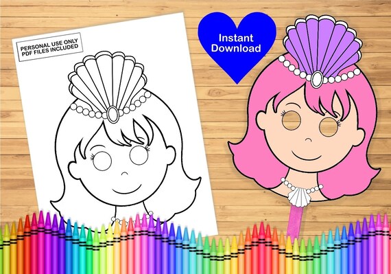 Mermaid mask coloring page printable classroom activity birthday party favor kids craft colouring sheet instant download