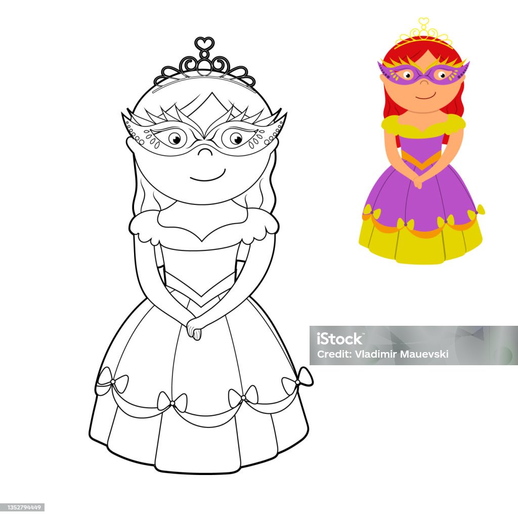 A coloring book a cute princess in a dress a mask and a crown vector cartoon illustration stock illustration