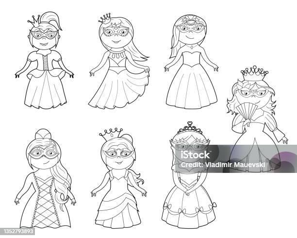 A coloring book a cute princess in a dress a mask and a crown vector cartoon illustration stock illustration