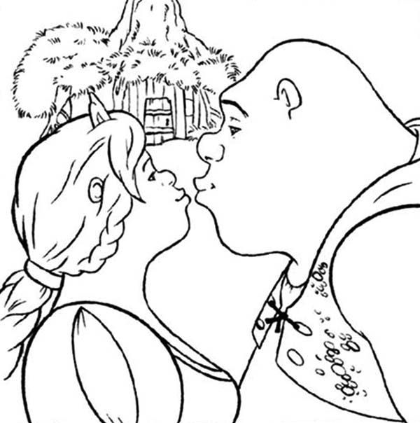 Shrek and princess fiona kissing coloring page color luna