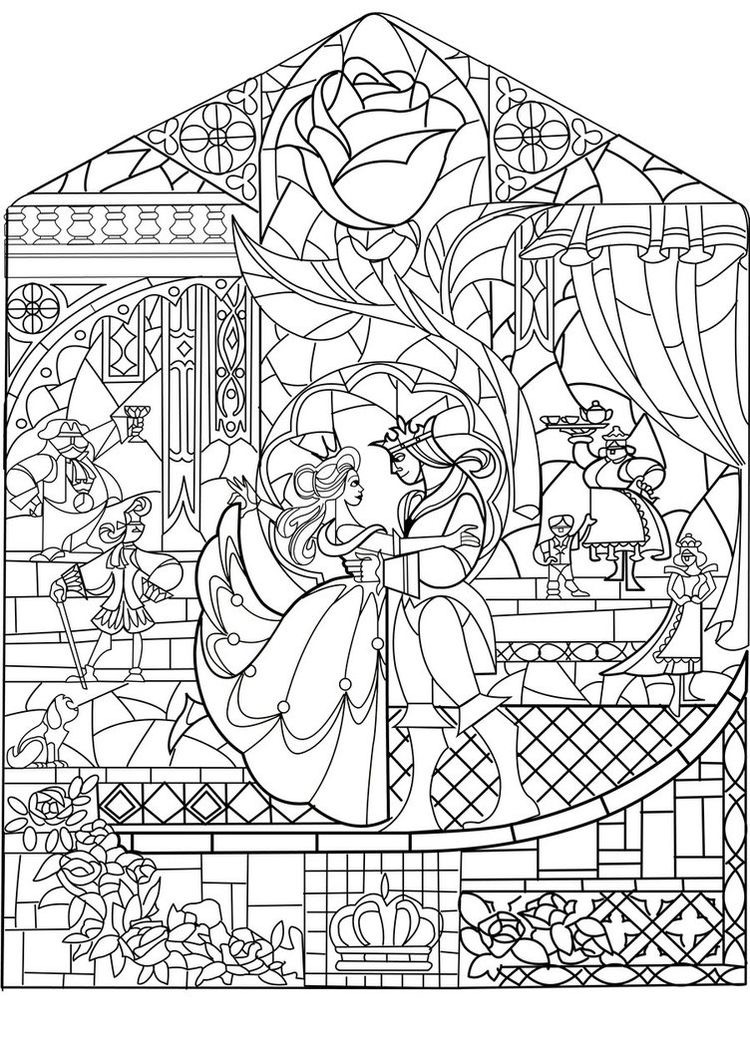 Prince and princess in a coloring page combining art nouveau and the disney world