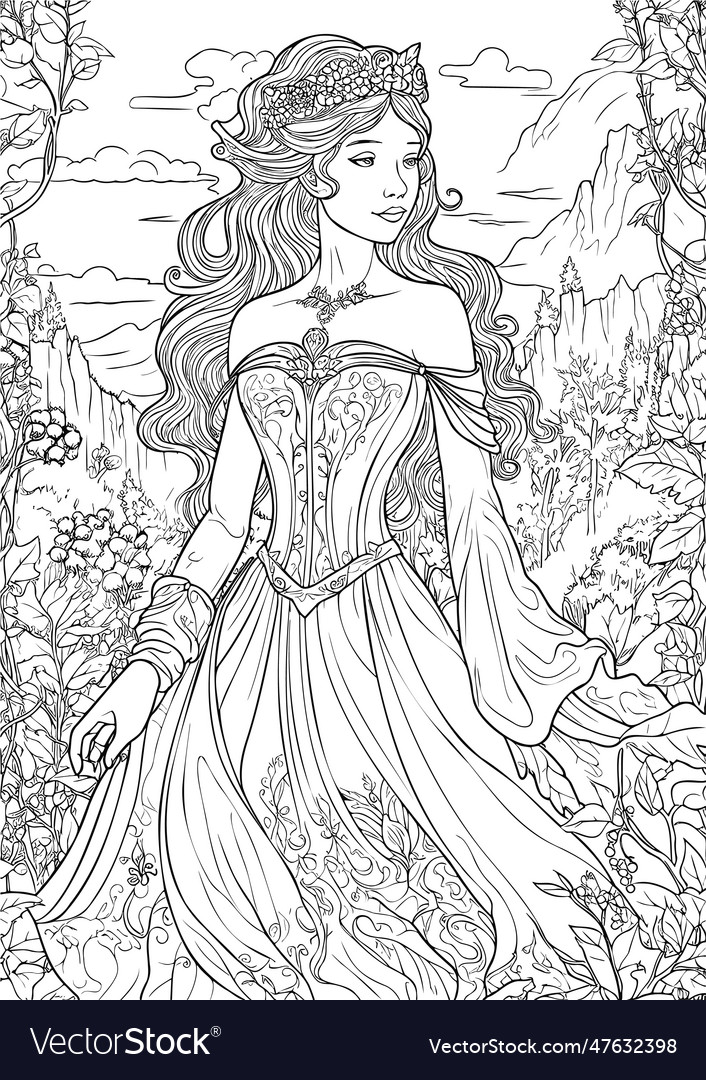 Enchanted realm princess coloring book pages vector image