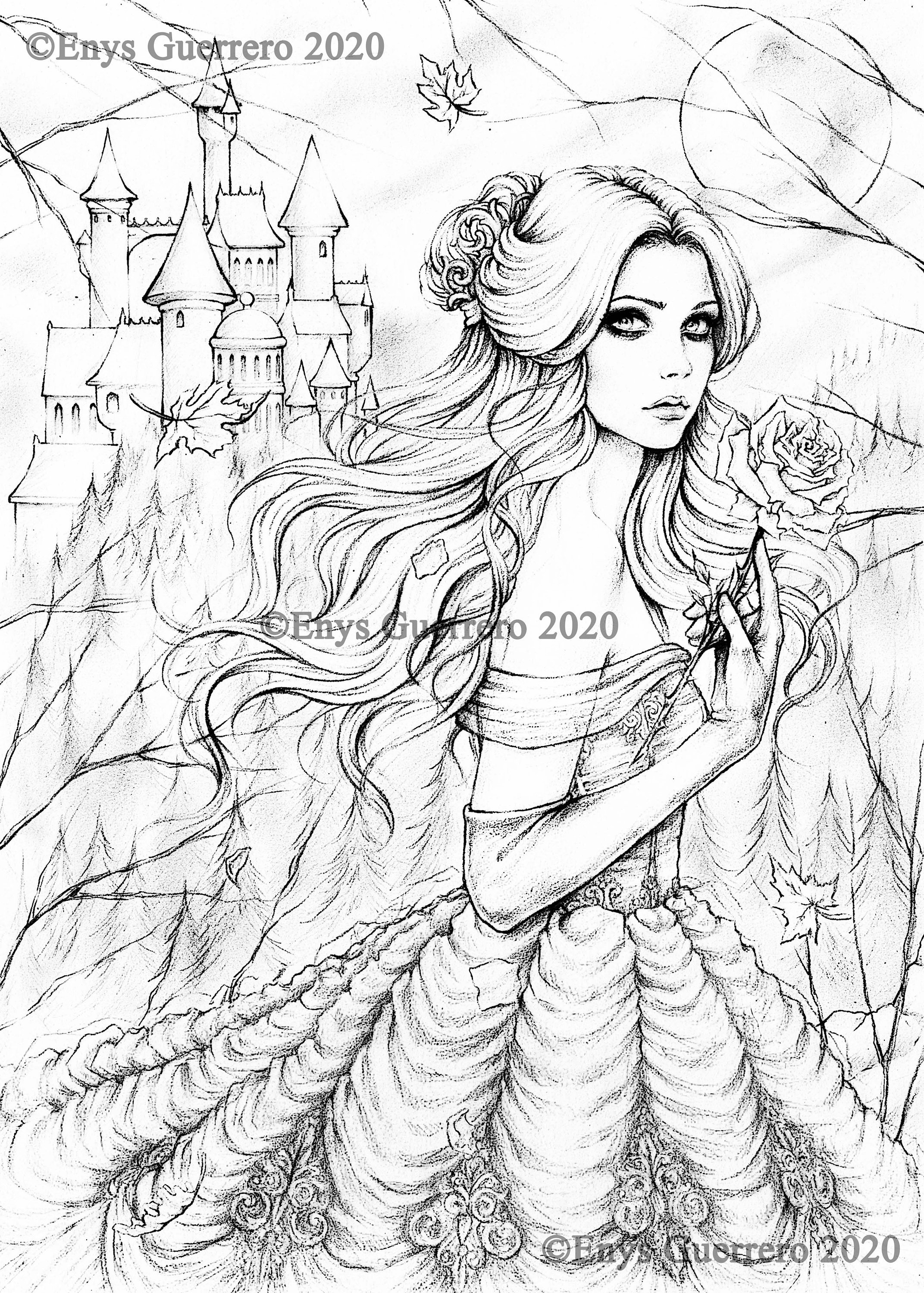 Princess belle coloring page goth fantasy printable download jpg by enys guerrero instant download