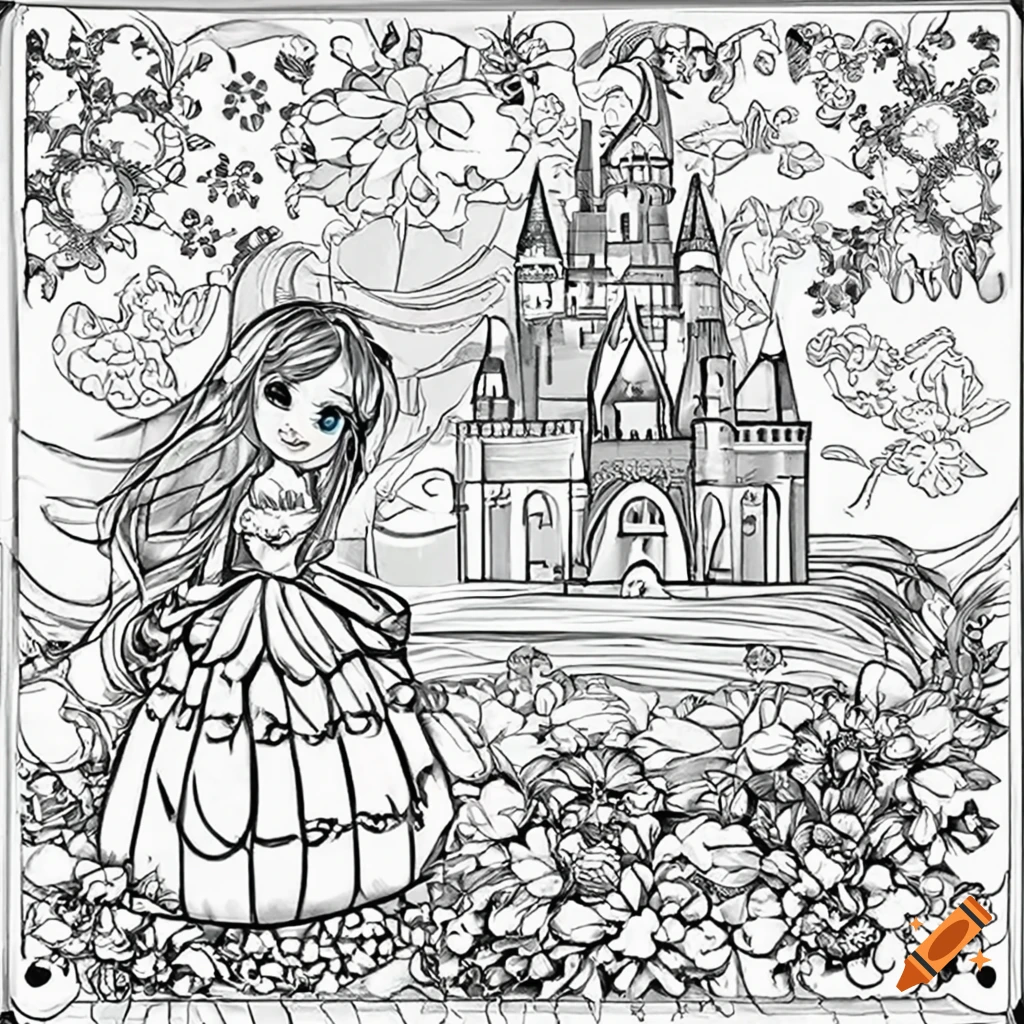 Coloring book with princess castle butterflies and flowers on