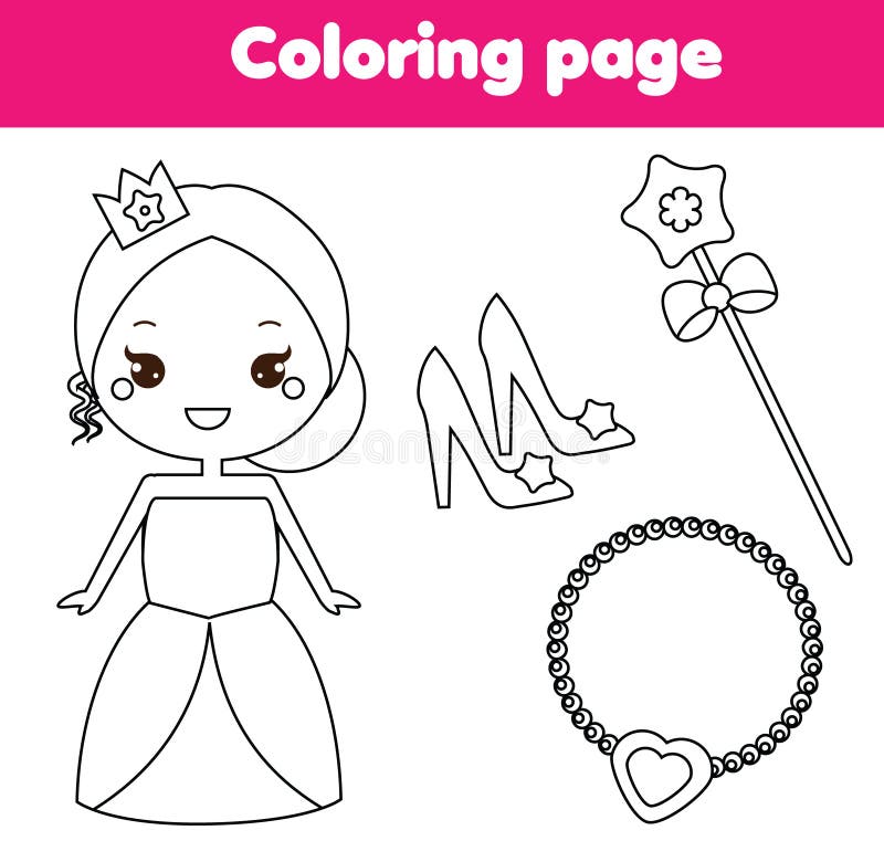 Princess coloring page educational activity for children stock vector