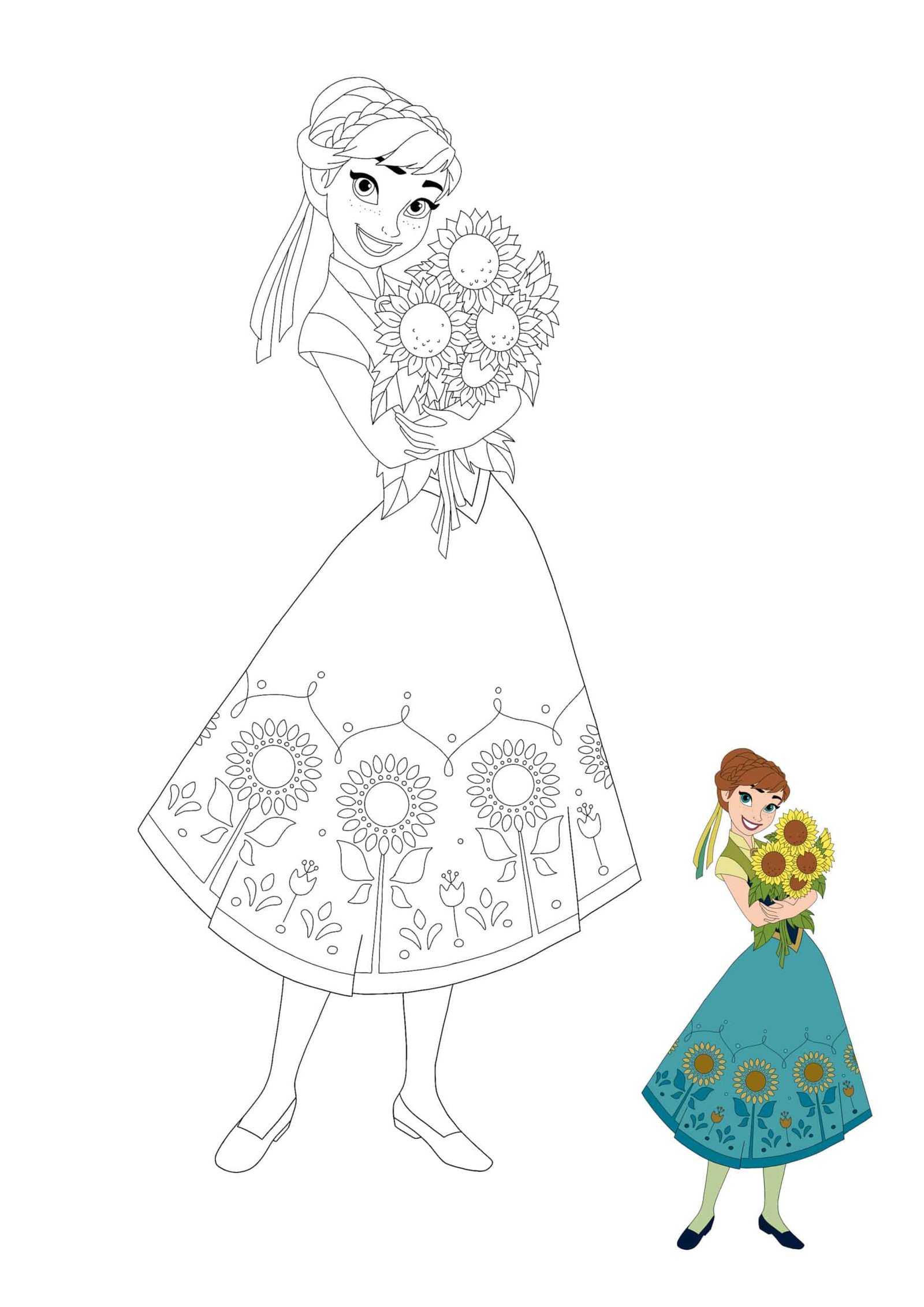 Princess anna with sunflowers coloring pages