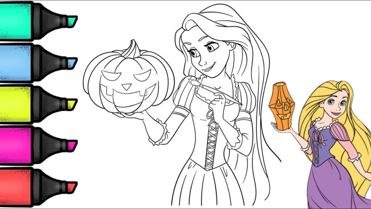 Princess rapunzel painting halloween pumpkins coloring page coloring videos for kids coloring