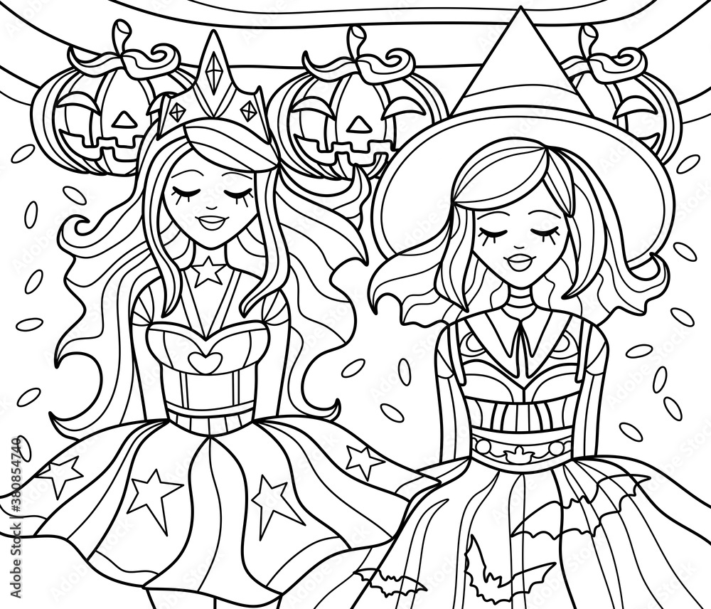 Coloring antistress page for adults and children girls in princess and witch costumes for halloween illustration