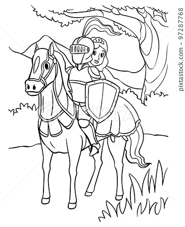 Knight and princess riding a horse coloring page