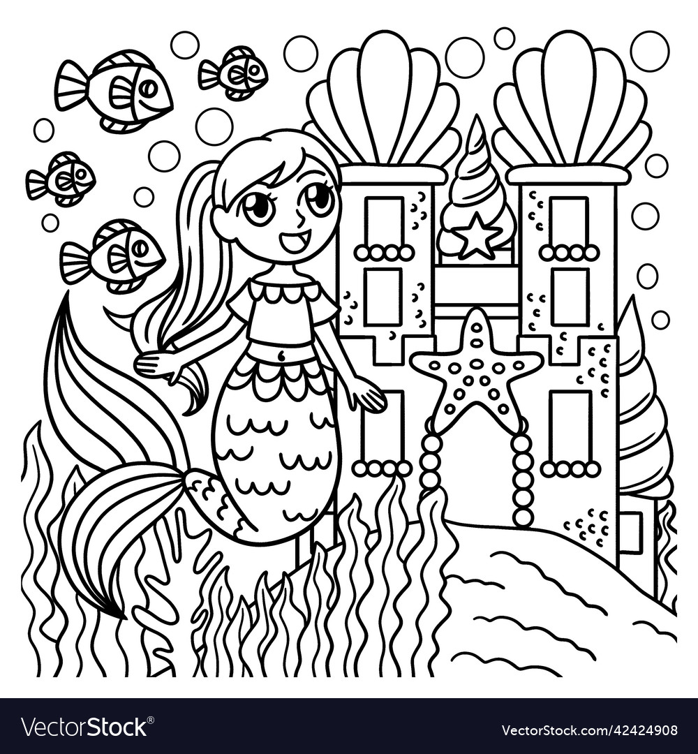 Mermaid in front of a castle coloring page vector image