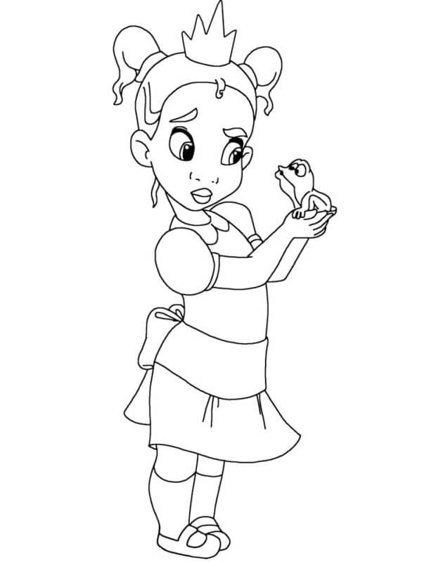 Little princess tiana holding frog coloring page