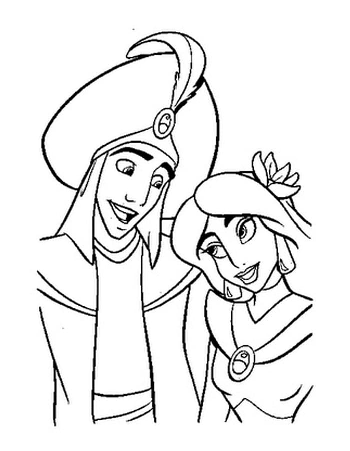 Aladdin and princess jasmine hugging coloring page