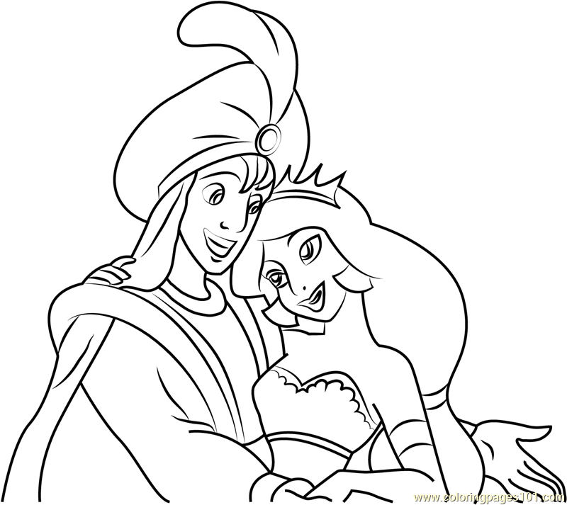 Prince aladdin and princess jasmine coloring page for kids