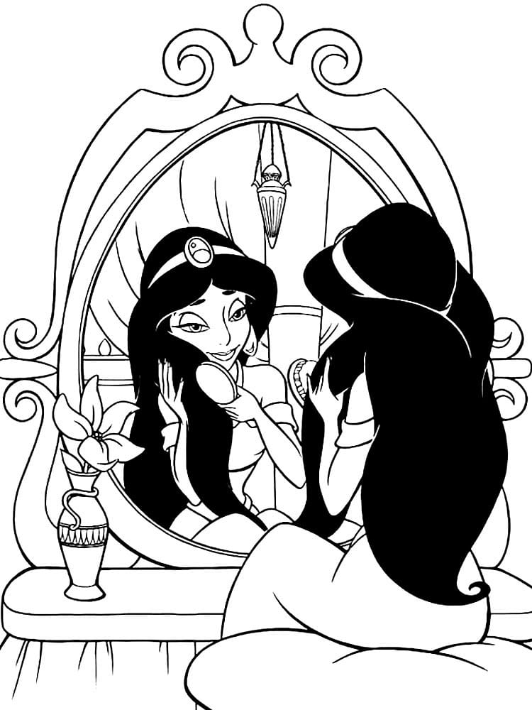 Princess jasmine in front of a mirror coloring page