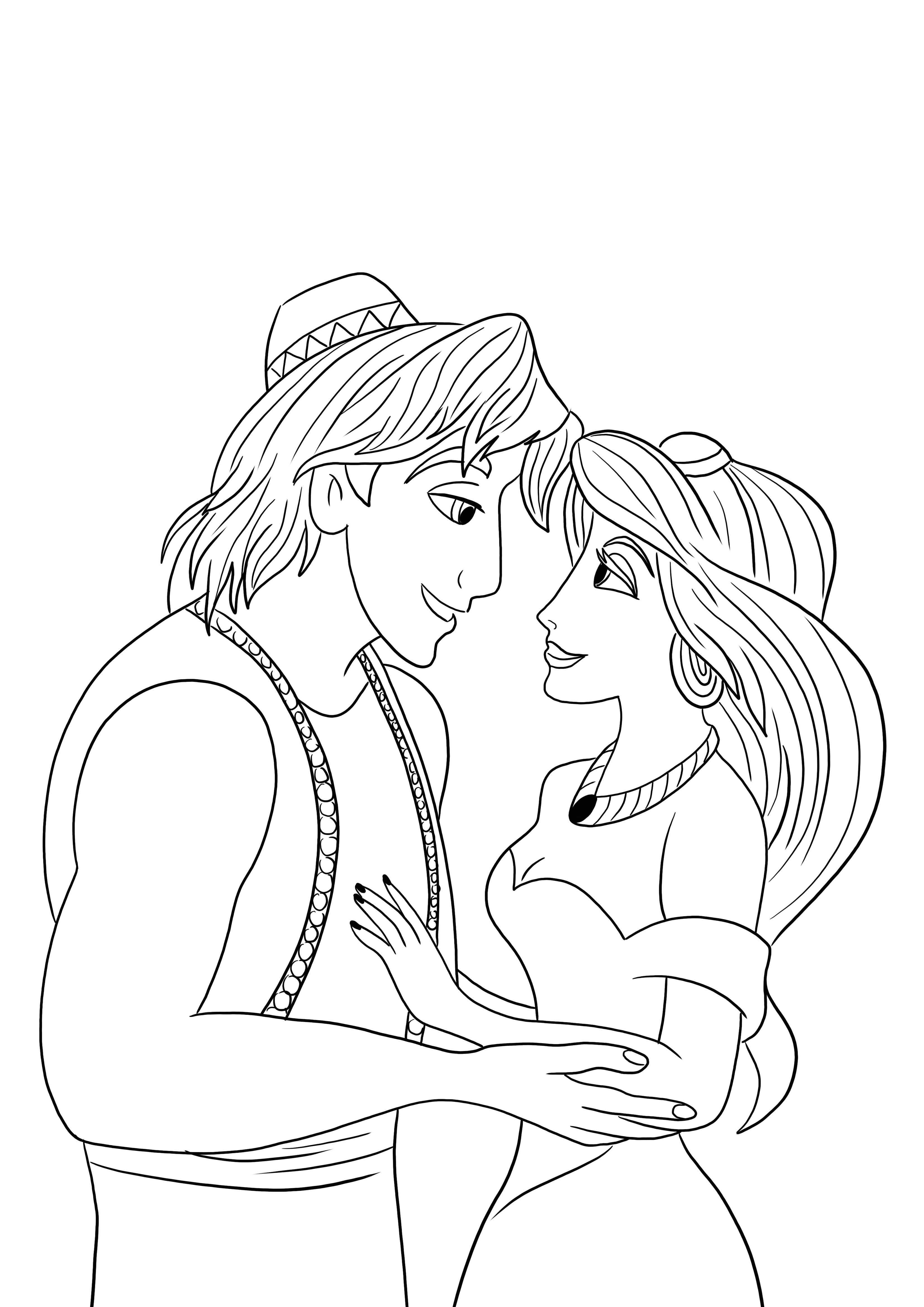 Princess jasmine and aladdin easy coloring and printing page