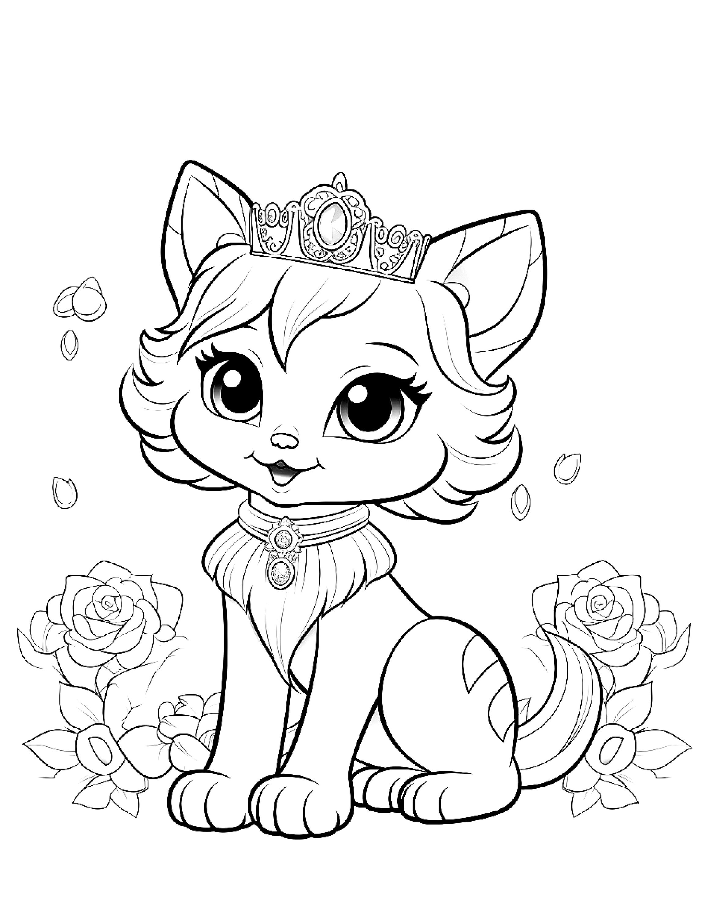 Five kitten princess coloring sheets for instant download