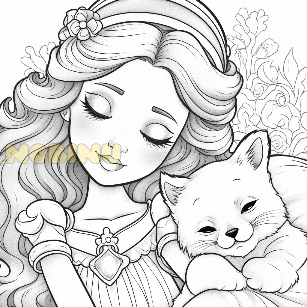 Princess and cat coloring book pages for adults kids stress relief