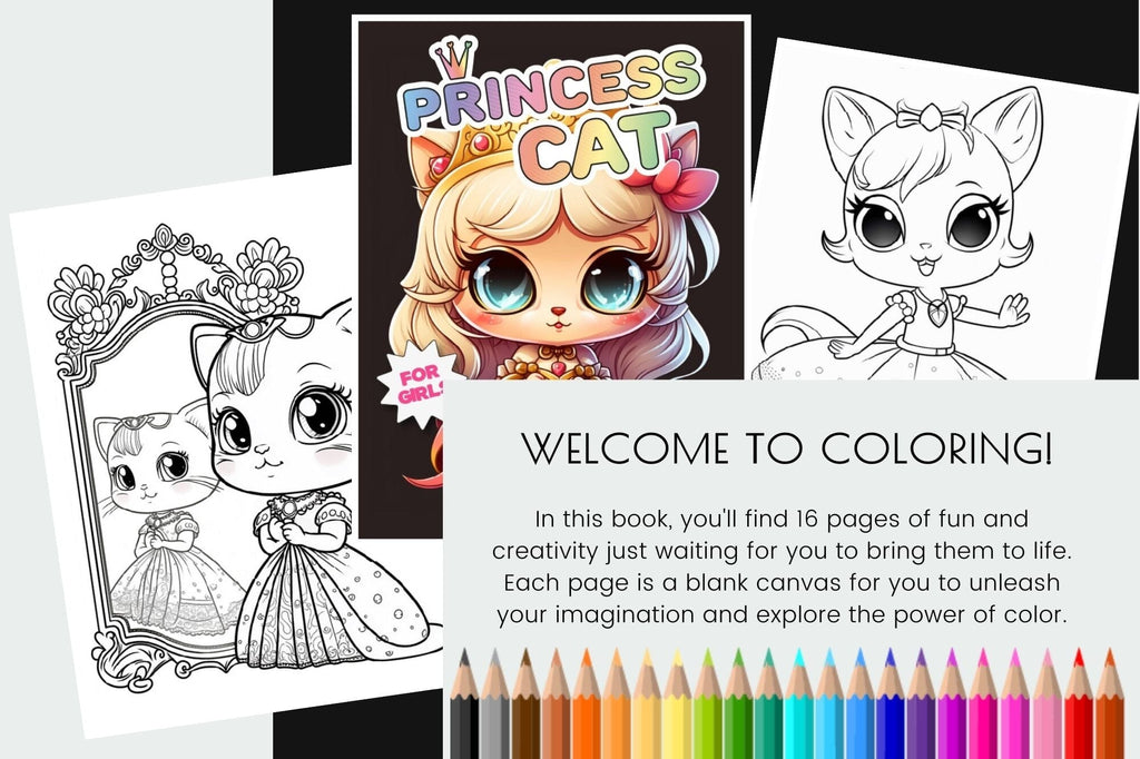 Cat princess coloring page bundle kawaii coloring pages