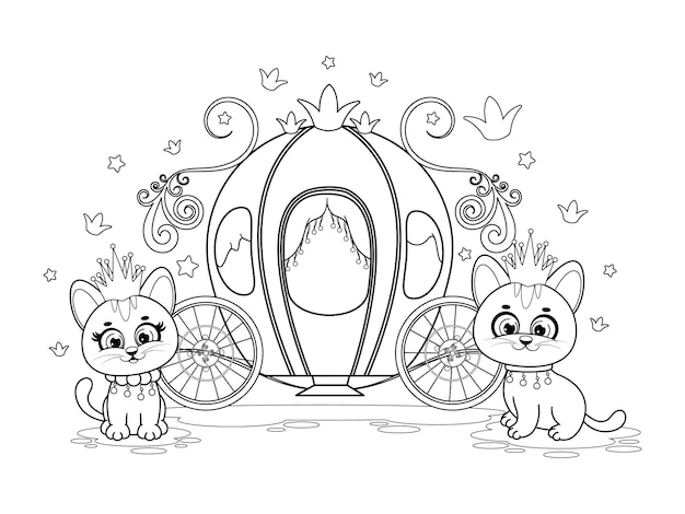 Premium vector coloring page a cute princess and prince kittens near carriage