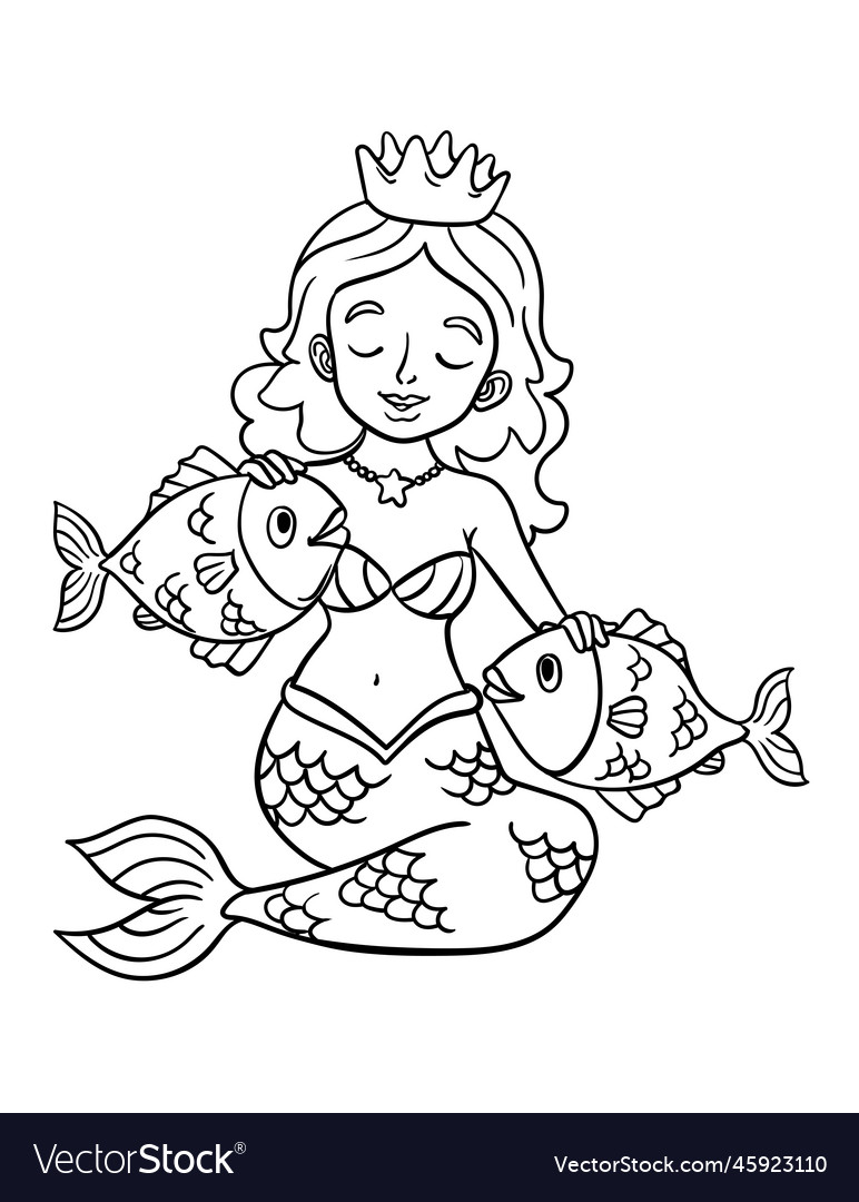 Princess mermaid and fish isolated coloring page vector image