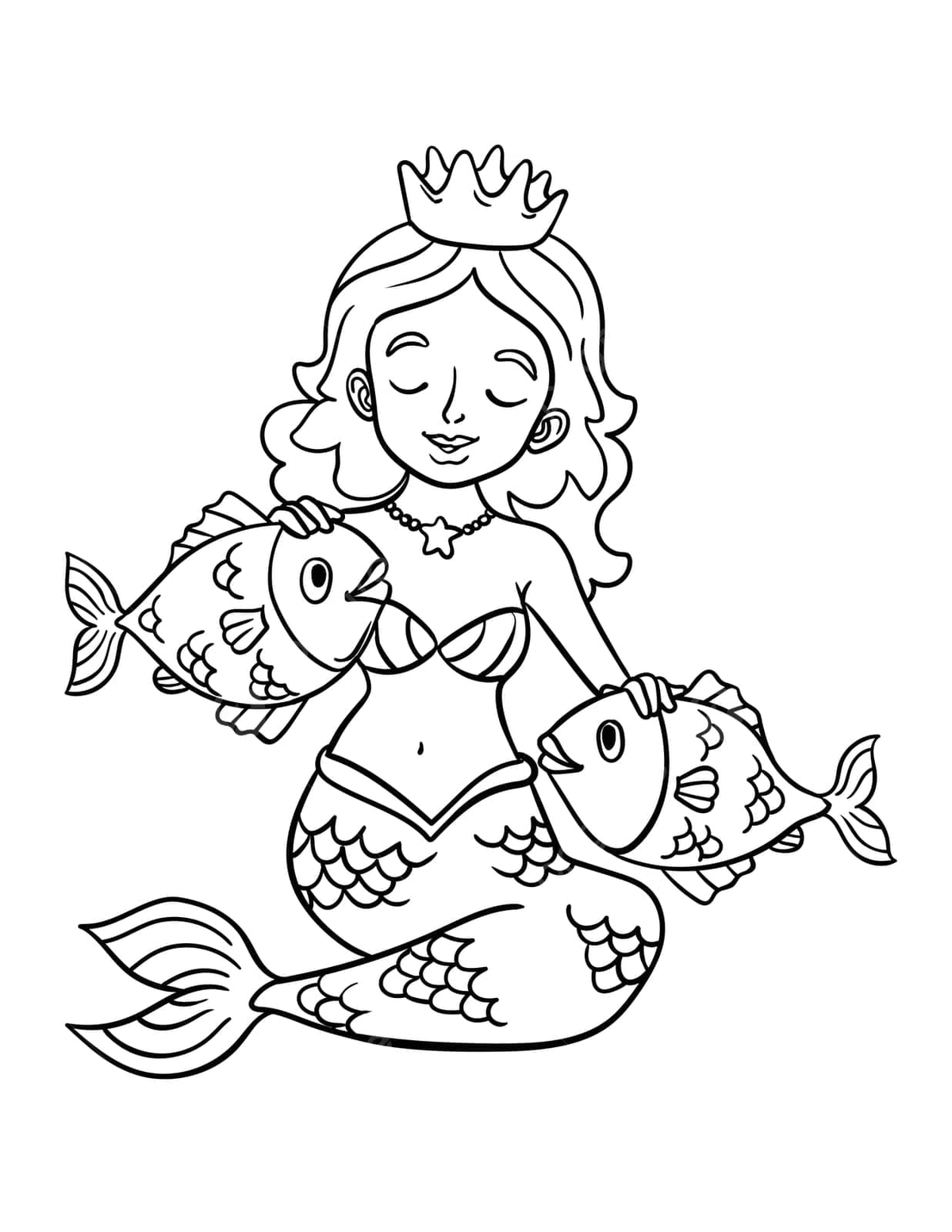 Princess mermaid and fish isolated coloring page two line fantasy vector two line fantasy png and vector with transparent background for free download