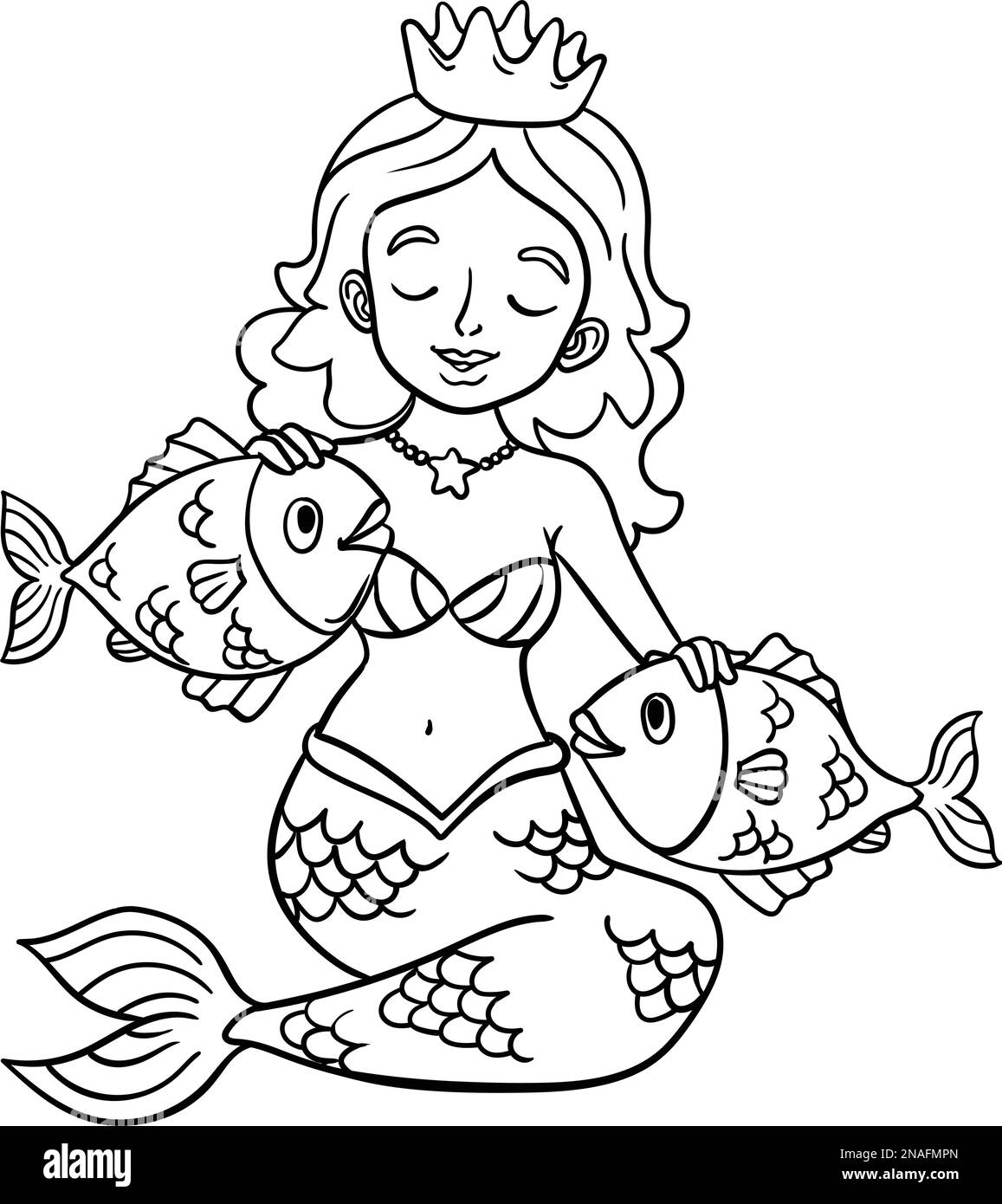 Princess mermaid and fish isolated coloring page stock vector image art