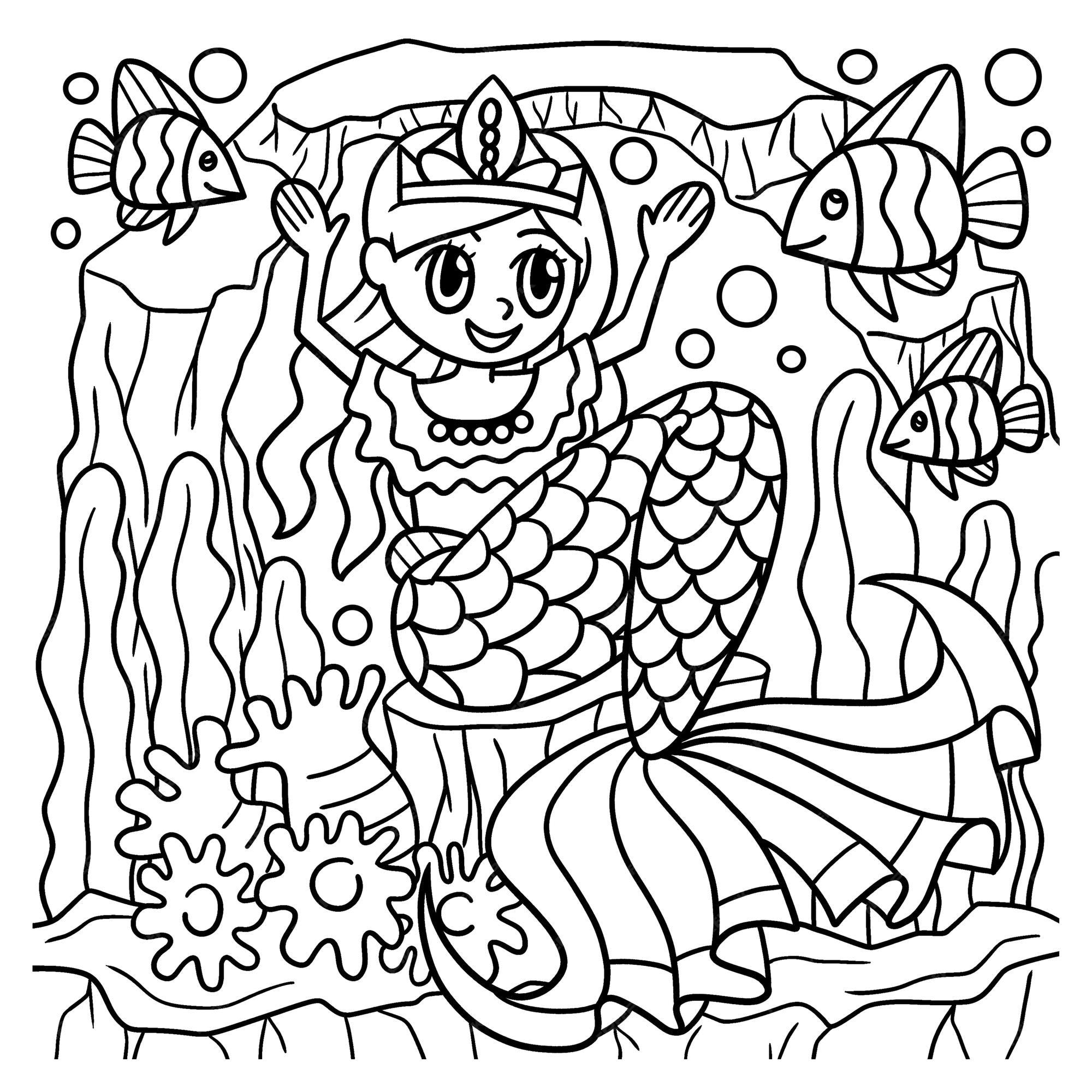 Premium vector mermaid crown princess coloring page for kids