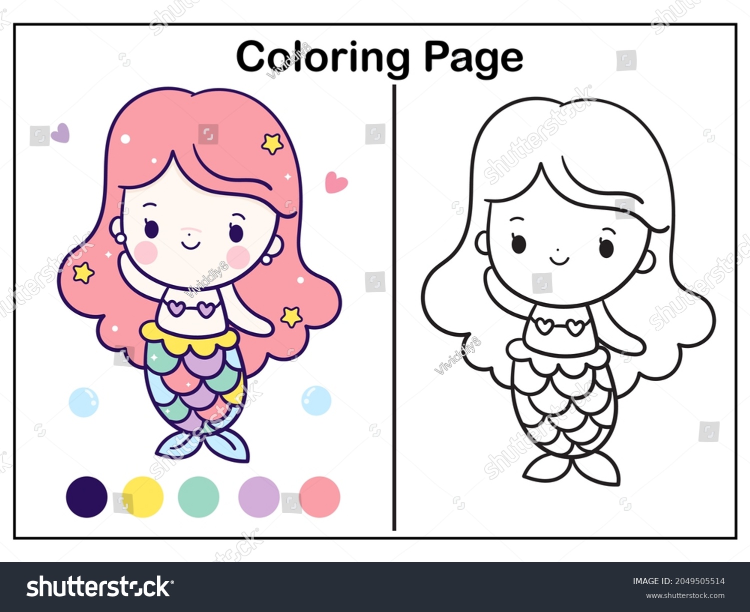 Drawing mermaid coloring page cartoon little stock vector royalty free