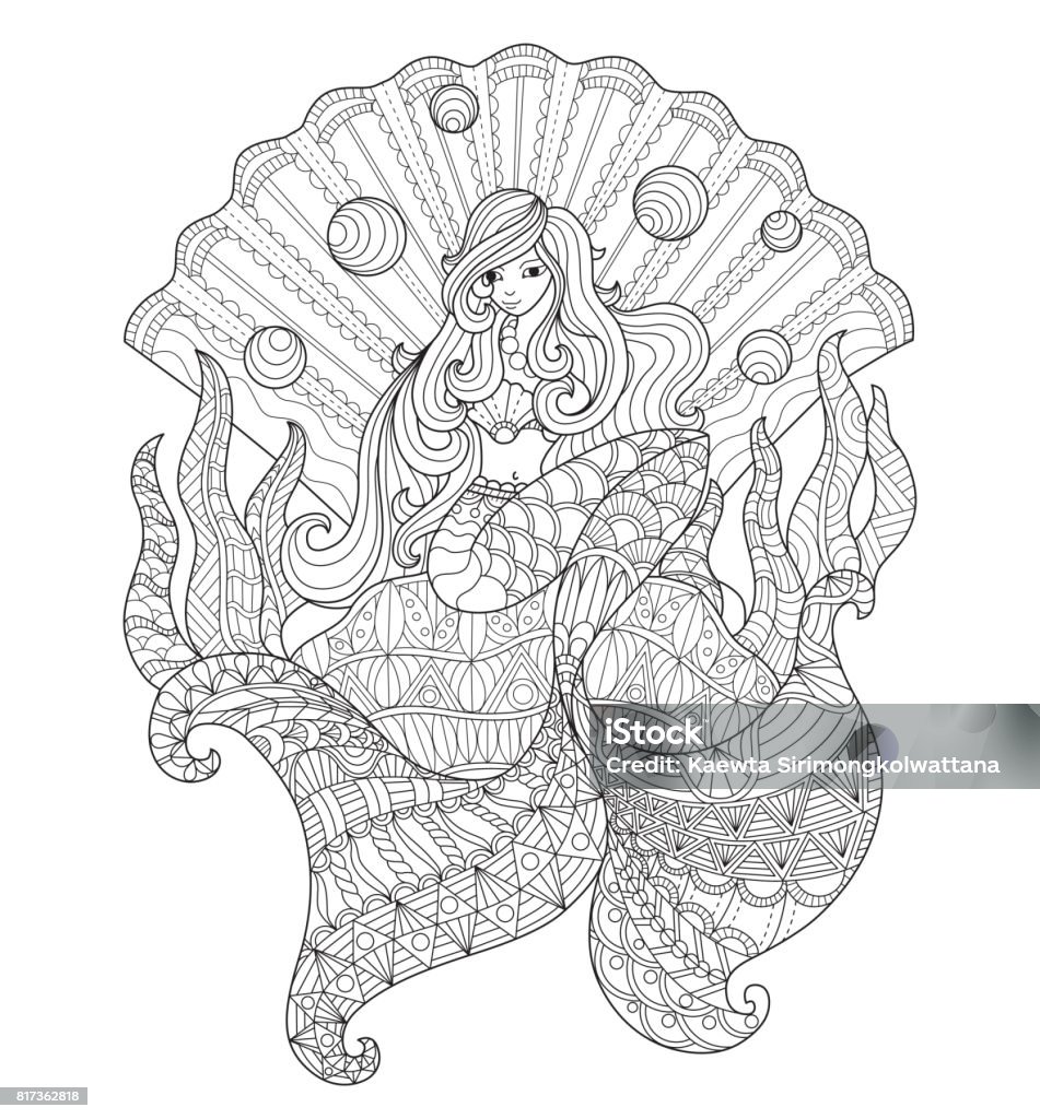 Hand drawn princess mermaid in the seashell for adult coloring page stock illustration