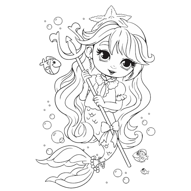 Premium vector mermaid princess holding a trident weapon in her hands coloring book coloring book for girls