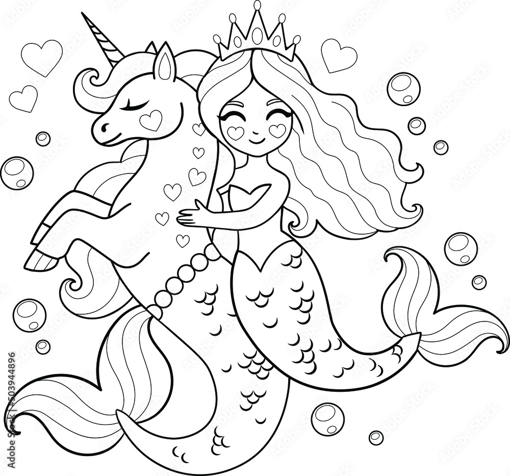 Beautiful mermaid princess with kelpie horse vector outline for coloring page vector