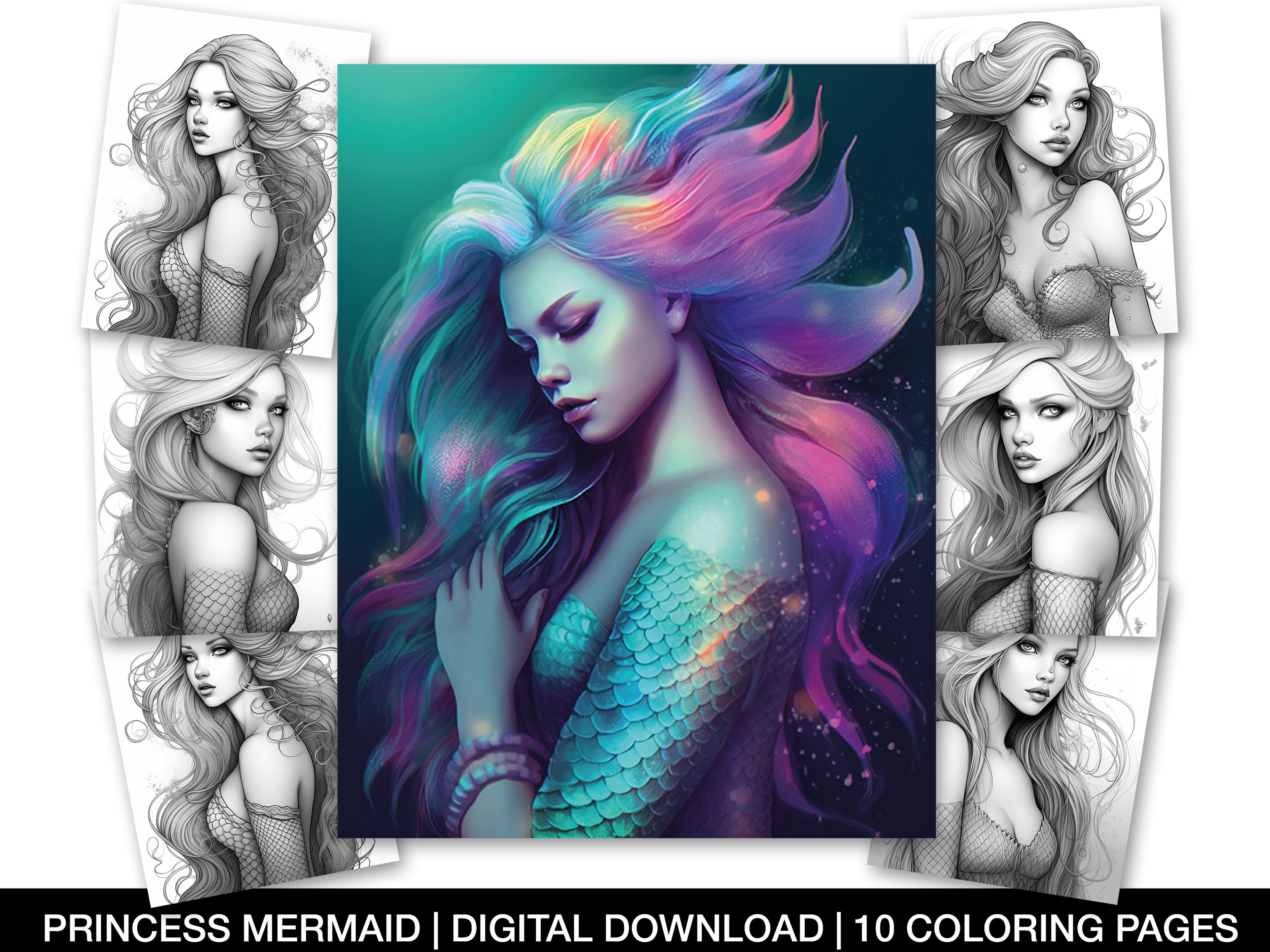 Princess mermaid digital coloring pages adults and teens colouring book instant download grayscale coloring page printable coloring book