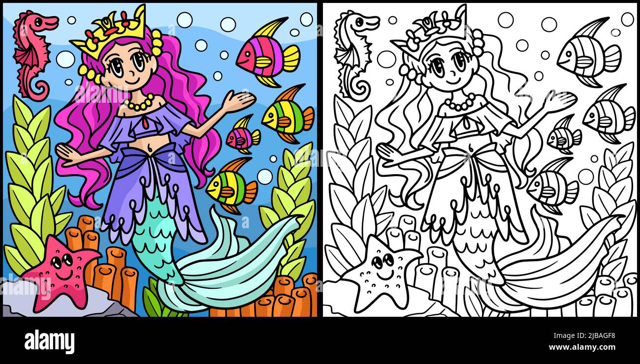 Mermaid princess coloring page illustration stock vector image art