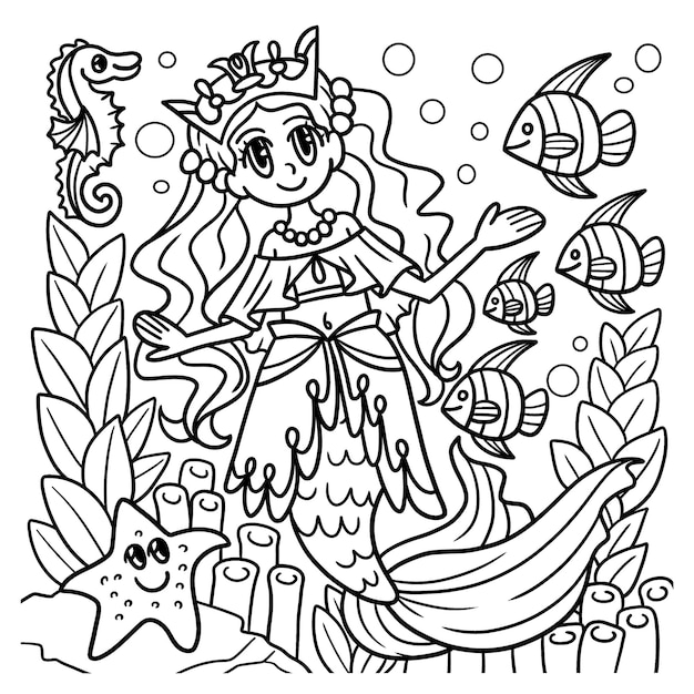 Premium vector mermaid princess coloring page for kids