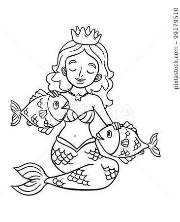 Princess mermaid and fish isolated coloring page