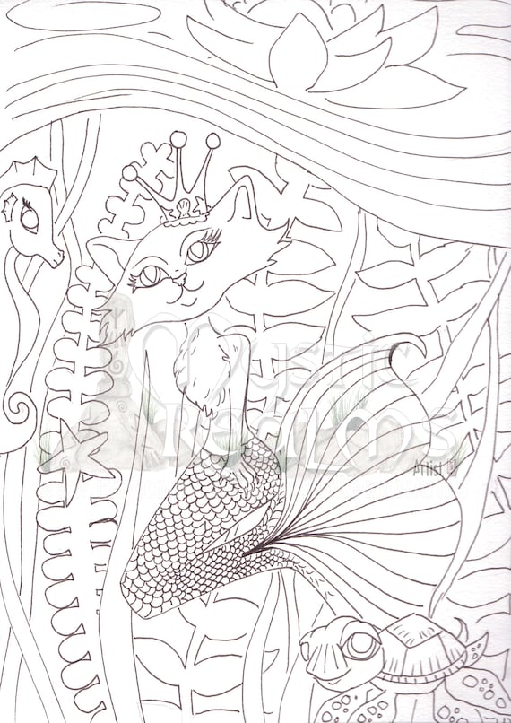 Princess mercat queen cat cat mermaid coloring page download mermaid hand drawn fantasy art retro s purr