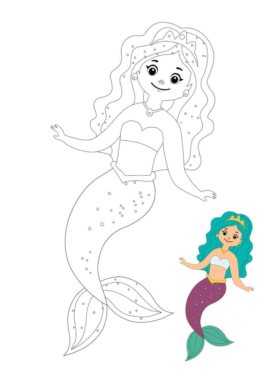 Mermaid princess with crown coloring pages