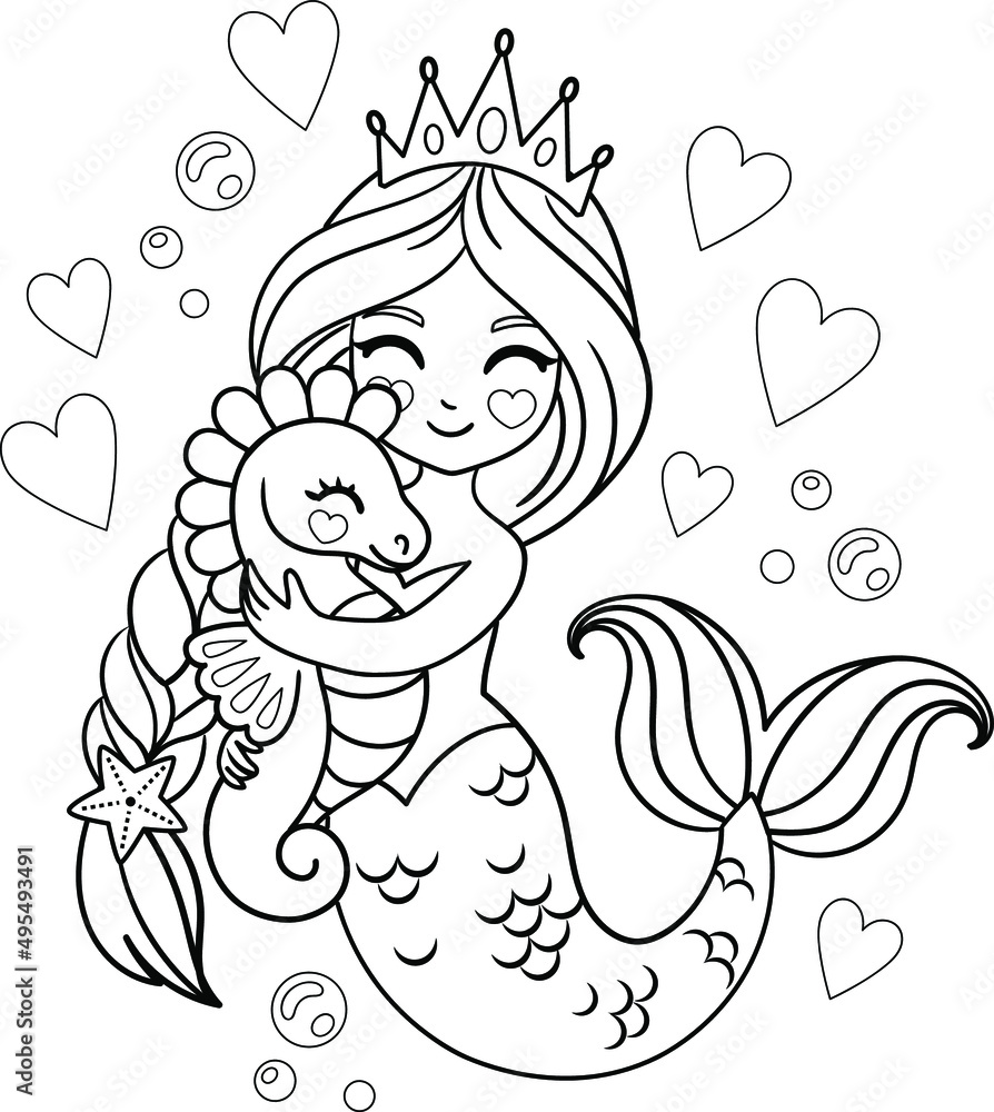 Princess mermaid hugs a seahorse vector illustration for coloring book vector