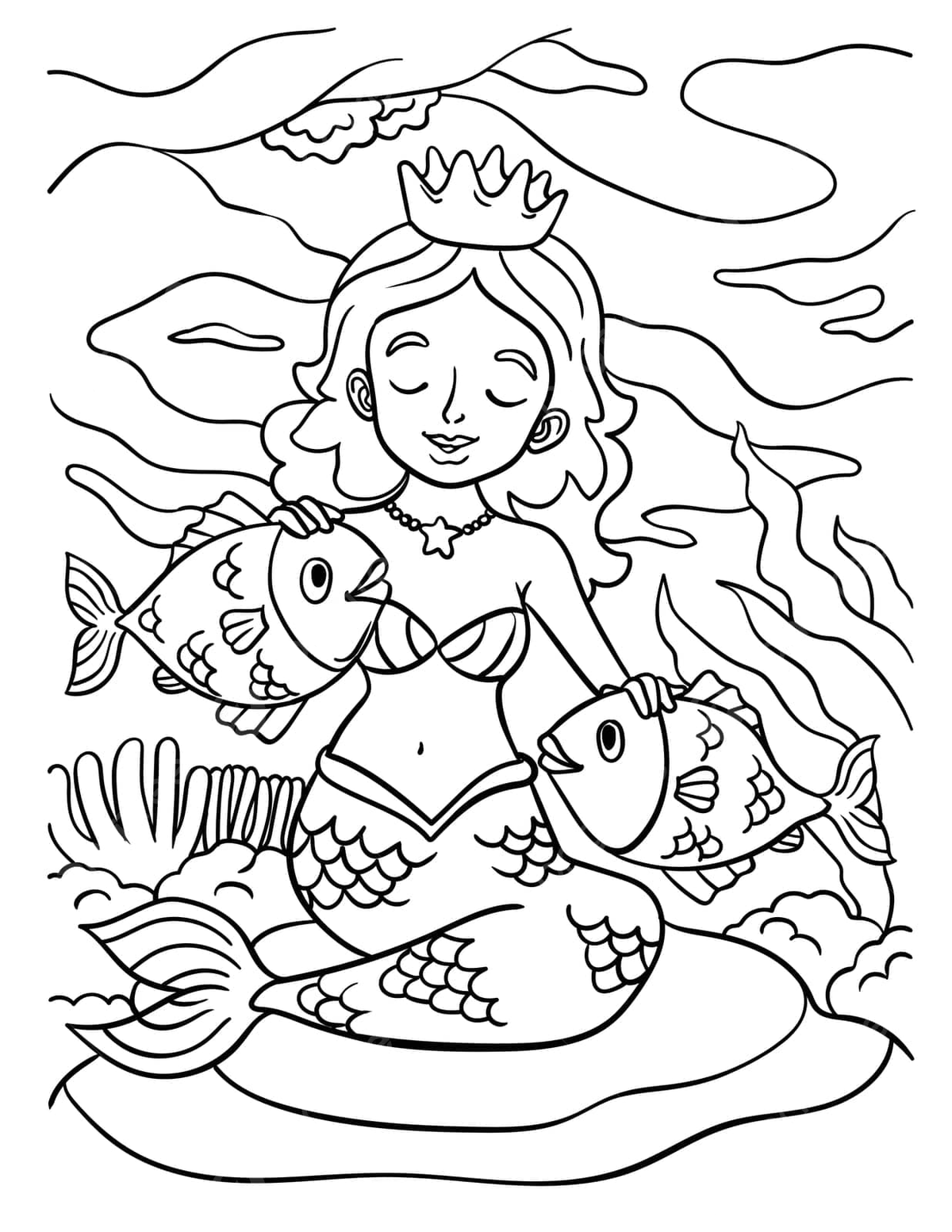 Coloring page for kids featuring a princess mermaid and her fish panions vector two kids vector png and vector with transparent background for free download