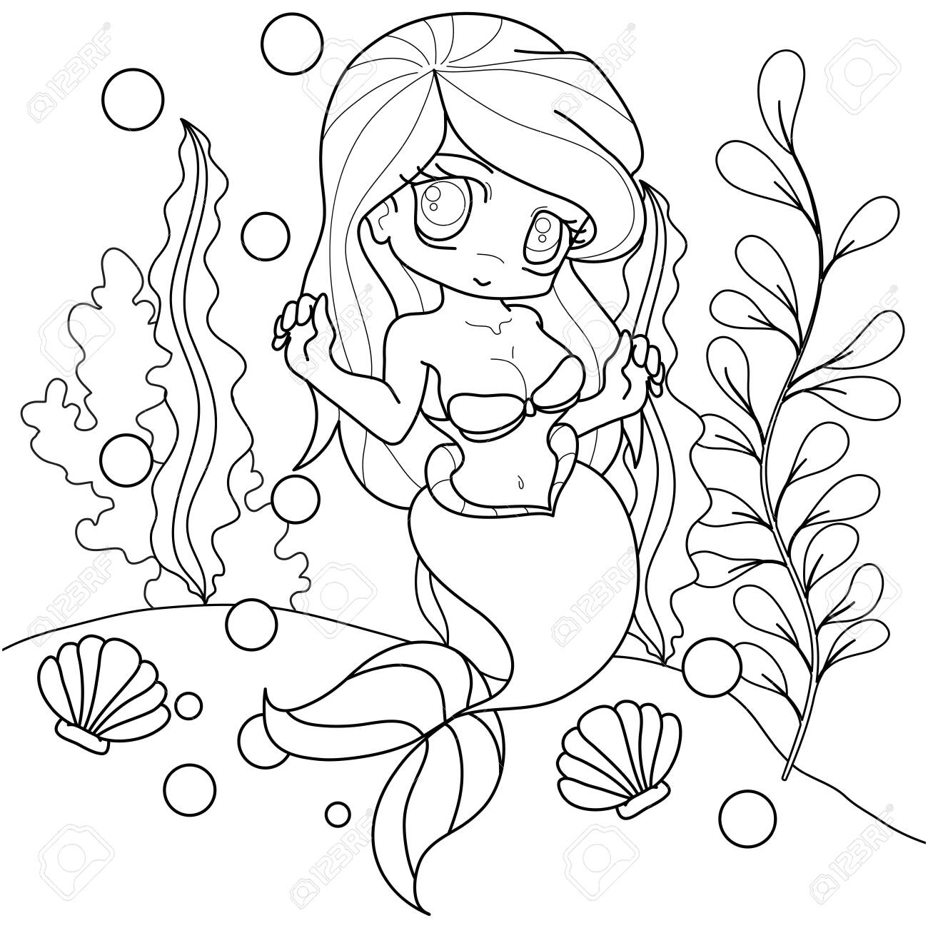 Gorgeous princess mermaid cute cartoon character kawaii anime chibi style vector illustration for little mermaid coloring book royalty free svg cliparts vectors and stock illustration image