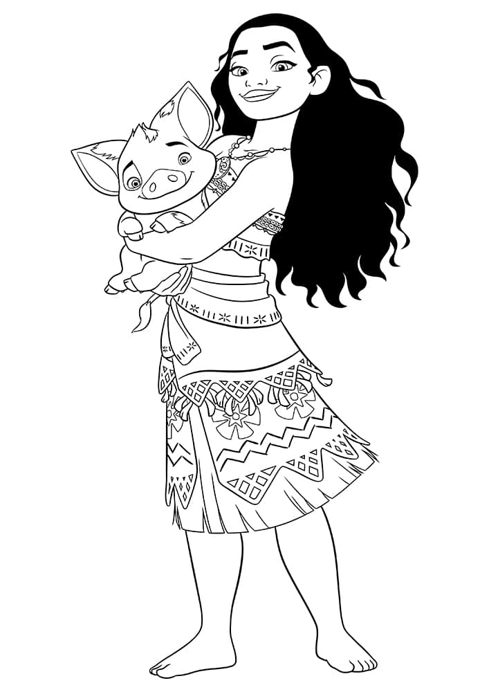 Princess moana with a little piglet coloring page