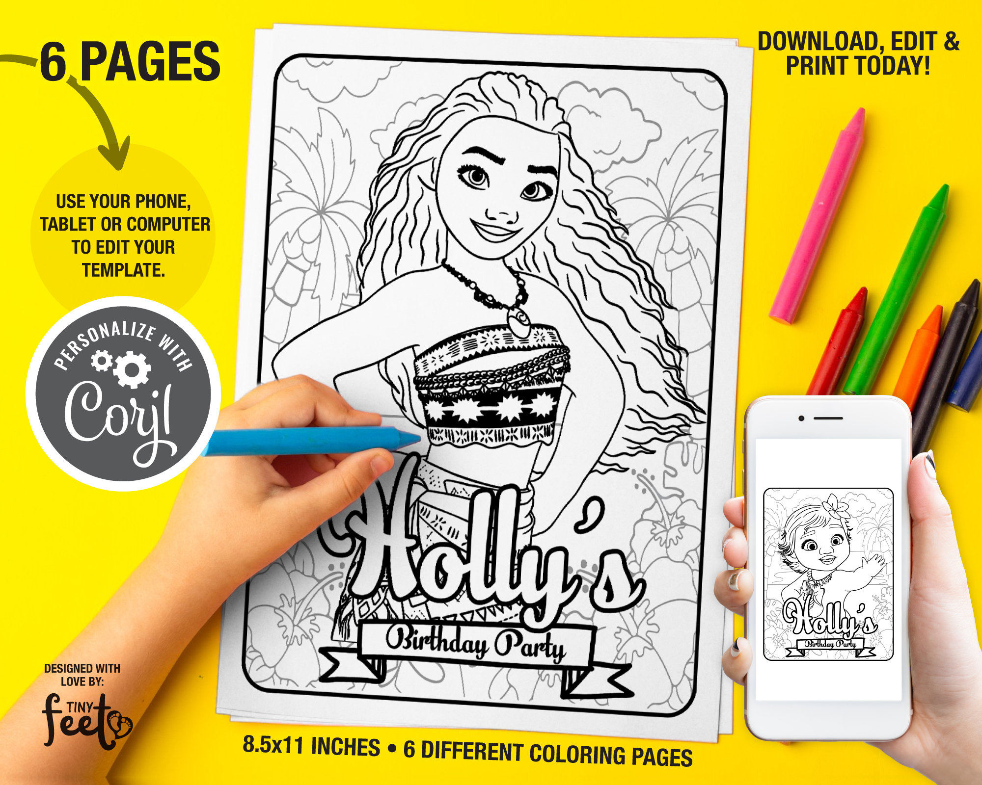 Moana coloring pages custom name moana and maui coloring pages birthday party templates princess moana party favors