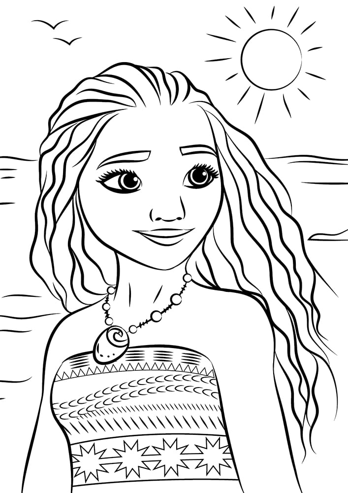 Princess moana at the sea coloring page