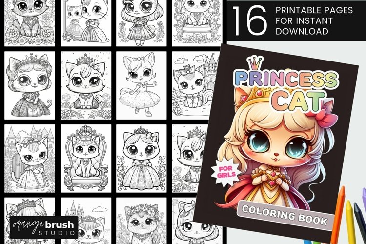 Cat princess coloring page bundle kawaii coloring pages