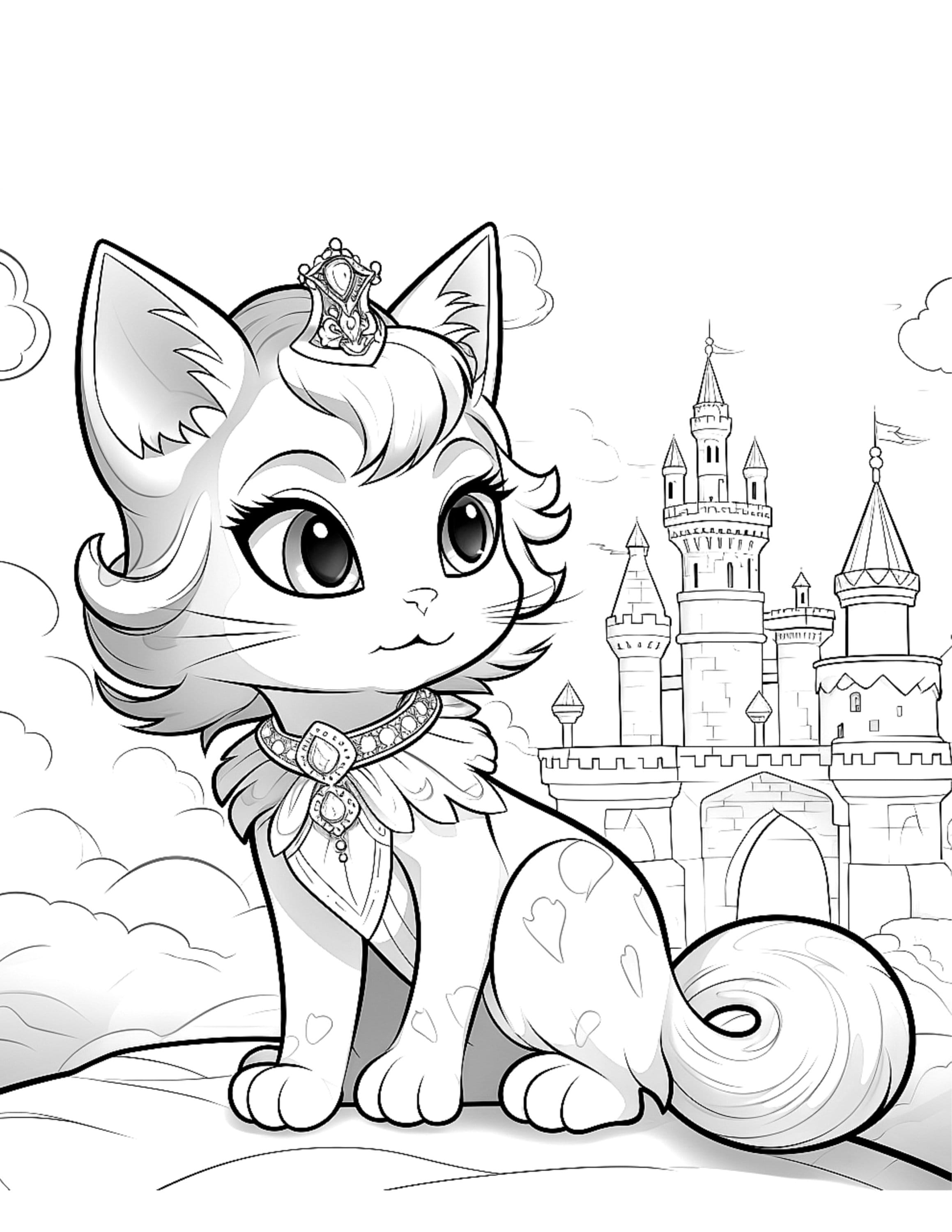 Five kitten princess coloring sheets for instant download