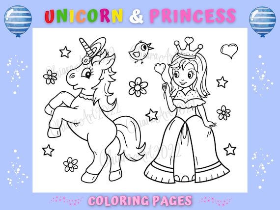 Princess unicorn coloring pages for kids and adult printable pretty princess coloring pages unicorn party birthday pdf download now