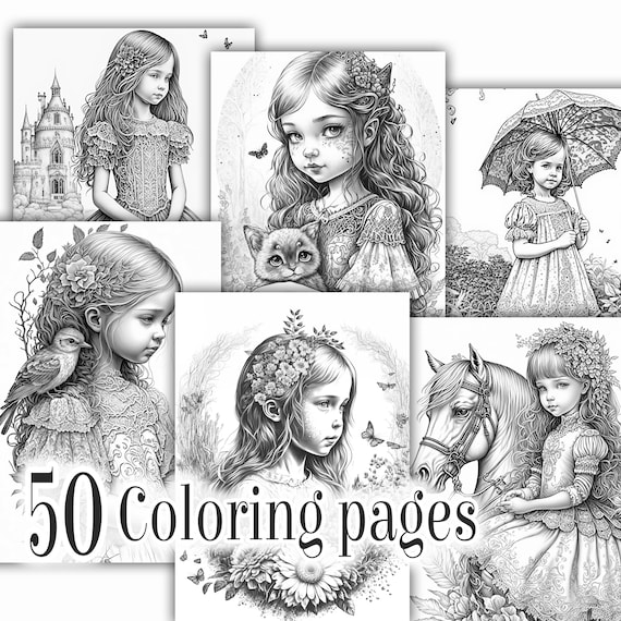 Grayscale coloring pages little princess girls floral printable pdf coloring pages for kids and adults ai generated images